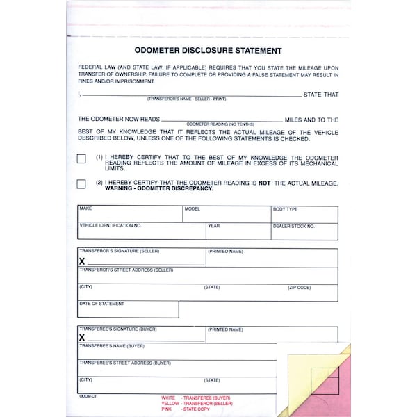 Asp Odometer Disclosure Statements, 5 2/3" X 8 1/4"-3 Part, 100 Per Pack Pk ODOM-CT (839) - main